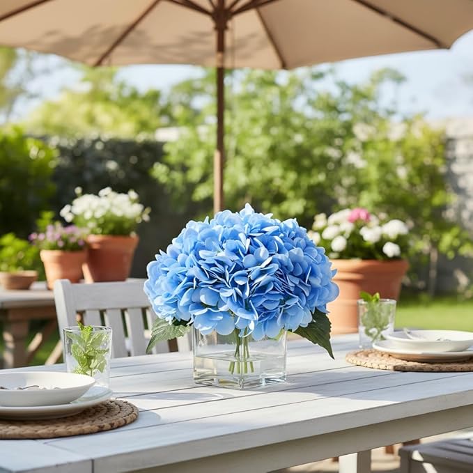 Silk Blue Artificial Hydrangea in Vase with Faux Water, Silk Flower Arrangements in Vase for Home Decor, Wedding Table (Blue)