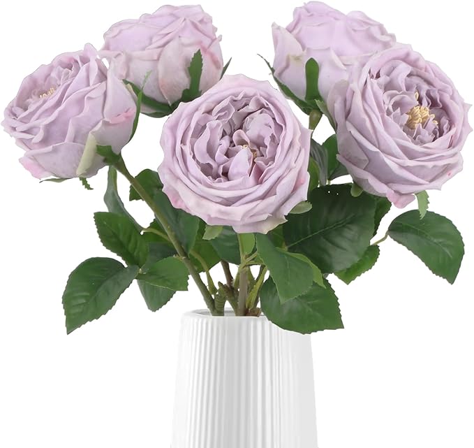 IPOPU 5PCS Light Purple Roses Artificial Flowers Real Touch Peonies with Stem for Wedding Bouquet Party Home Decor (Light Purple)