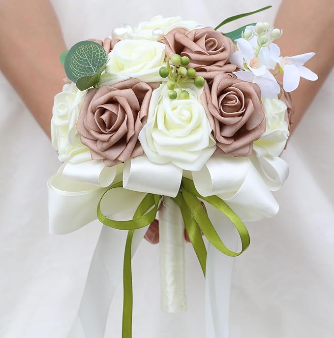 Lightweight Bridal Wedding Bouquet Round Holding Bouquet Throw Toss Artificial Rose Flower Bunch for Bride Bridesmaid Wedding Quinceanera (Cream & Rosy Brown, 6.7")