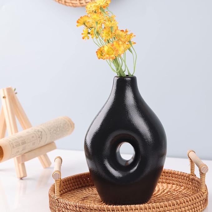 Black Ceramic Vase Set of 4 - Round Hollow Boho Vases for Pampas Grass and Flowers Decor, Modern Minimalist Small Vases for Living Room, Bedroom, Fireplace, Coffee Table Decor, and Centerpieces