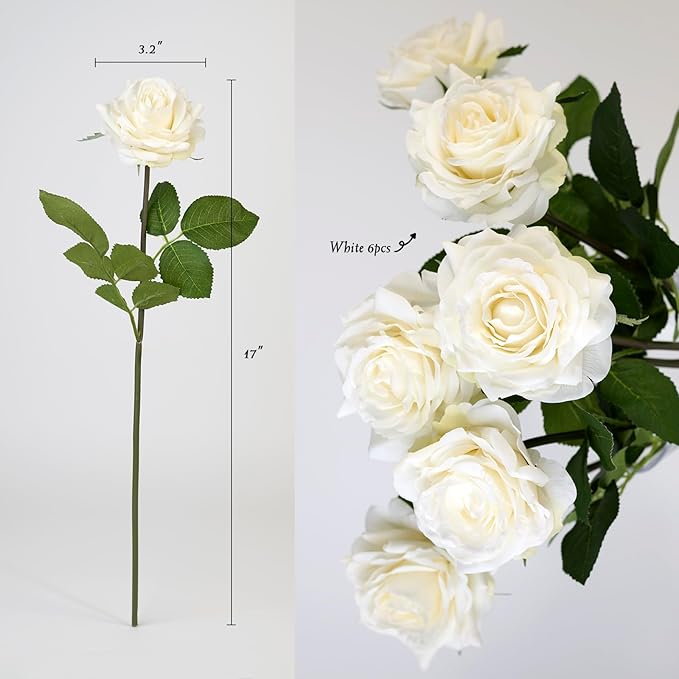 Real Touch Artificial Roses 6pcs, Floyd Roses,17.3”Faux Silk Roses Bouquet for Home Decor, Wedding Centerpieces, Romantic Gifts & Party Arrangements, Fuchsia Realistic Flowers (White)