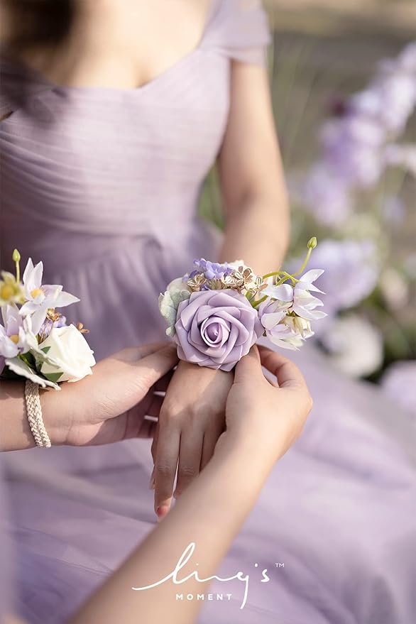 Ling's moment 6pcs Wedding Wrist Corsage Artificial Flowers, Girl/Mother Homecoming Prom Corsages Wristlet Décor, etc. Lilac Lavender Purple