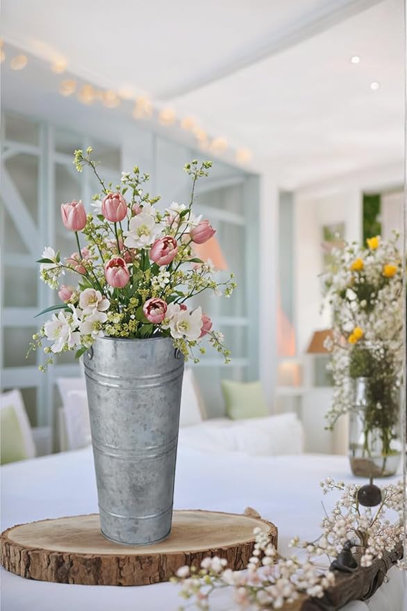 9 Inch Galvanized Metal Vases for Flowers - 6 Pcs Farmhouse Decorative Tall Flower Bucket with Handles, Rustic French Tin Planter Buckets for Wedding Decor (Silver)