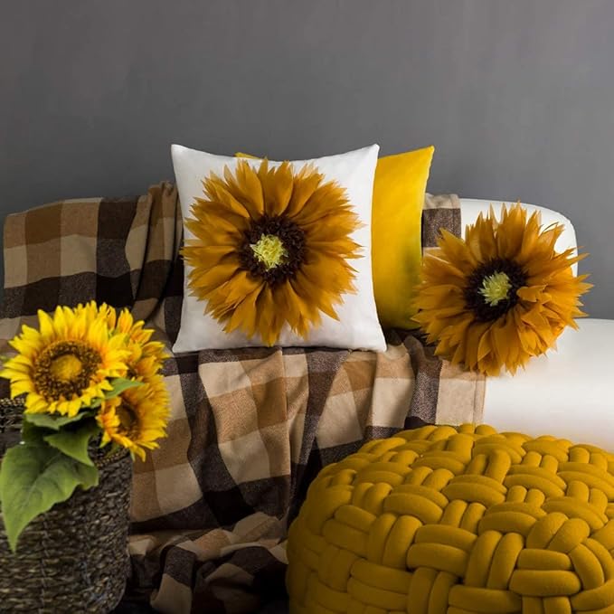 Mustard Yellow 3D Sunflower Pillow Decorative Round Throw Pillow Handmade Cute Soft Accent Pillowcase Cushion for Bed Couch Living Room Bedroom Home Boho Christmas Farmhouse Decor Gift 14Inch
