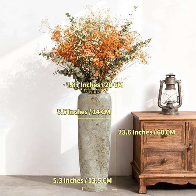 23.6 Inch Rustic Ceramic Tall Floor Vase, Slim Tapered Rustic Farmhouse Vase for Dried Stems & Pampas, Neutral Beige Decorative Vase for Living Room
