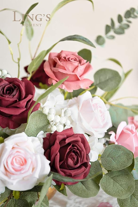 Ling's moment Artificial Burgundy Flowers, 16pcs Faux Silk Roses with Stems, 3.5" Fake Ombre Blush Pink Flowers Bulk for DIY Wedding Bouquets Centerpieces Party Baby Shower Home Decoration