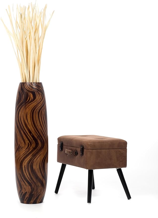 Leewadee Large Brown Home Decor Floor Vase - Wooden 34 inch Tall Farmhouse Decor Flower Holder for Fake Plant and Pampas Grass