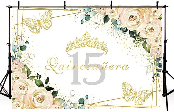 Sendy 7x5ft Quinceañera Backdrop Mis Quince 15 Anos Birthday Party Decorations Supplies Girl Princess White Floral Gold Crown Butterfly Photography Background Banner Photo Booth Studio Props Vinyl