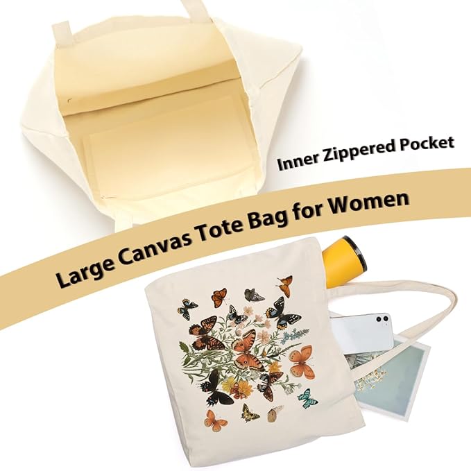 Aesthetic Floral Canvas Tote Bag for Women with Pocket, Tote Bags for Grocery Shopping Work Gym Christmas Birthday