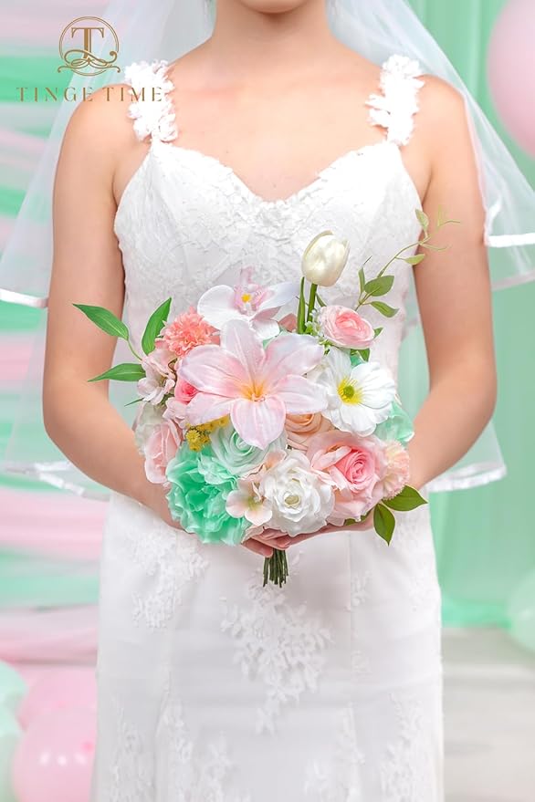 TINGE TIME Artificial Flowers Mint Green & Pink Flower Combo for DIY Wedding Bouquets Table Centerpieces Arrangements Party Baby Shower Home Summer Decorations