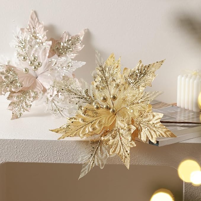 Artificial Flannel Sequin Christmas Flower Ornament, 30x35cm Glitter Holiday Tree Decoration for Wreaths Garlands and Party Arrangements Champagne