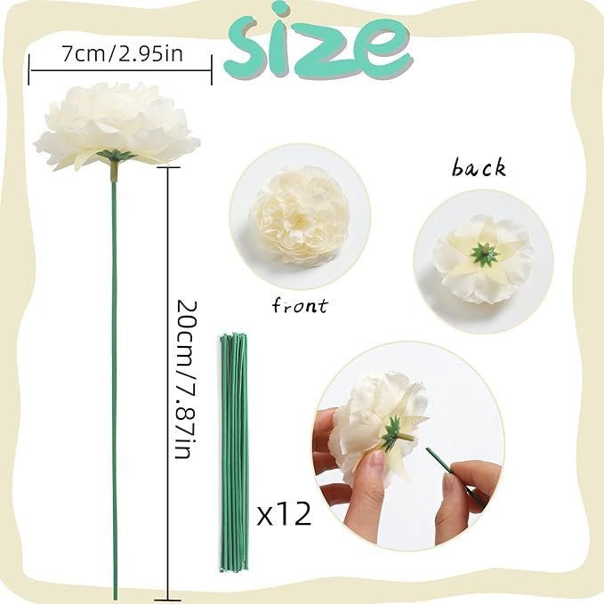 12 PCS Artificial Silk Ivory Peony Flowers with Stems - 8 Inch Fake Peony Bouquet for Wedding, Home Decor, Office Table, Festival Gifts