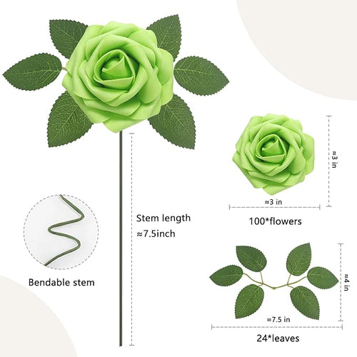 100Pcs Green Artificial Flowers Roses Real Looking Foam Fake Roses with Leaves for DIY Wedding Bouquets Bridal Shower Centerpieces Party Decorations (Green, 100)