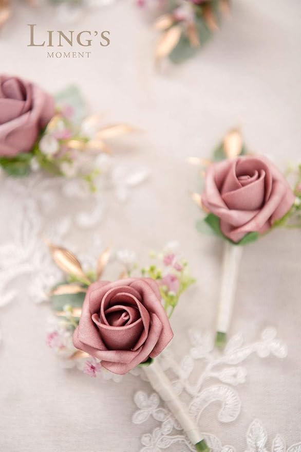 Ling's Moment Boutonniere for Men, 10pcs Groomsmen Guest Boutonniere, Artificial Flowers for Wedding Décor/Prom/Homecoming,etc.Dusty Rose Pink