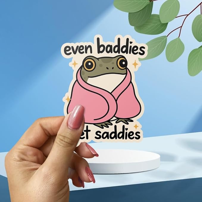 HANDICHI Design 5-Pack 5 Inch Even Baddies Get Saddies Frog Stickers – Funny Mental Health Vinyl Decal Set for Laptops, Water Bottles, Journals & Scrapbooks – Cute Baddie Sticker Pack