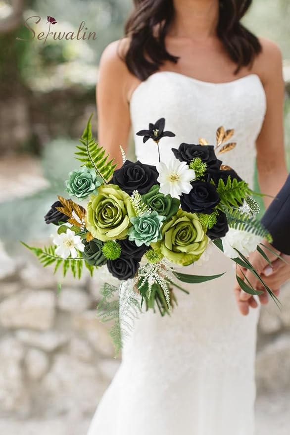 Serwalin Green Artificial Flowers, Black Silk Fake Flowers Greenery Stems for DIY Wedding Bridal Bouquets, Wedding Cake Flowers for Table Centerpieces Baby Shower Birthday Party Home Decorations