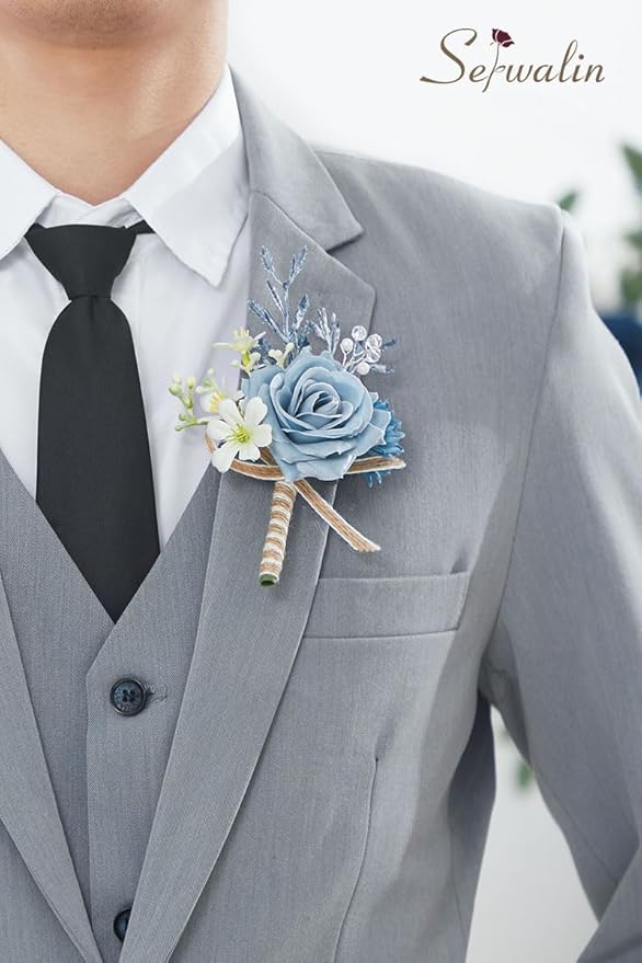 Serwalin 6PCS Boutonniere for Men,Groom and Best Man Boutonnieres for Wedding Decor Prom Anniversary Homecoming Flowers Formal Dinner Party (Blue & Dusty Blue)