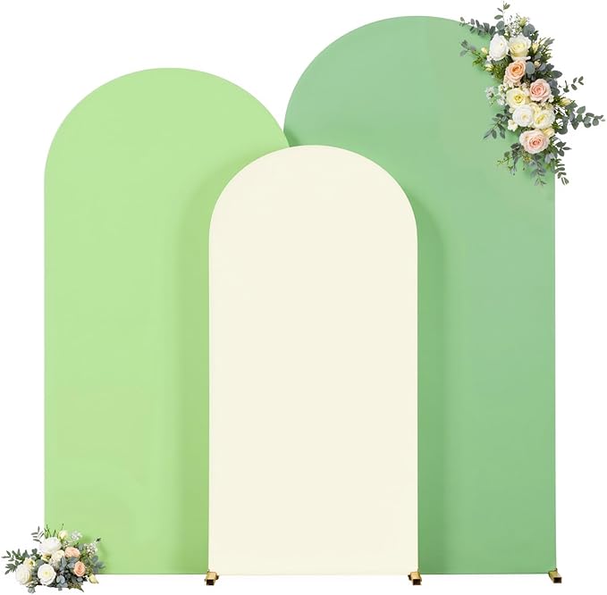 Boho Arch Backdrop Cover 7.2FT 6.6FT 6FT Stretchy Wedding Arch Covers Set of 3 Spandex Fitted Sage Green Light Green Cream Fabric Backdrop Cover for Party Baby Shower Birthday Decoration