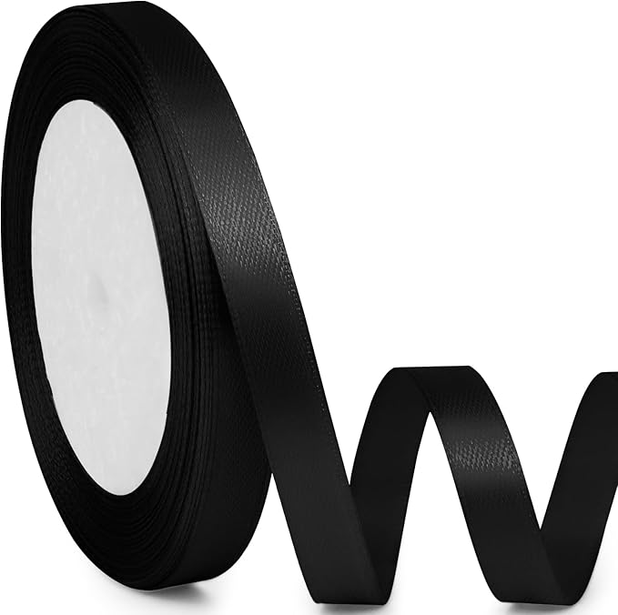 3/8" x 25 Yards Satin Ribbon, Black Silk Ribbon Ideal for Gift Wrapping, Floral Bouquets, Crafts, Wedding Party Decorations, Christmas and Sewing Projects