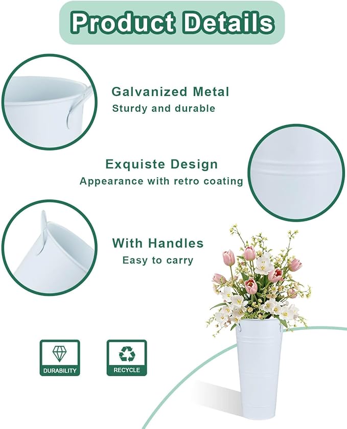 9 Inch Galvanized Metal Vases for Flowers - 6 Pcs Farmhouse Decorative Tall Flower Bucket with Handles, Rustic French Tin Planter Buckets for Wedding Decor (Pure White)