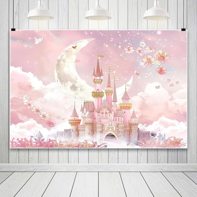AOFOTO Castle Backdrop Princess Spring Pink Floral Moon Printed Fairy Tale Photography Background for Girl Birthday Baby Shower Party Banner Home Decor Wall Photo Studio Booth Props 7x5ft