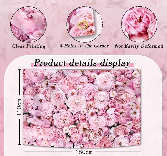 6x3.6FT Pink Rose Wall Backdrop for Women Mother's Day Flowers Wall Photography Background Bridal Newborn Shower Birthday Party Anniversary Ceremony Photo Studio Props