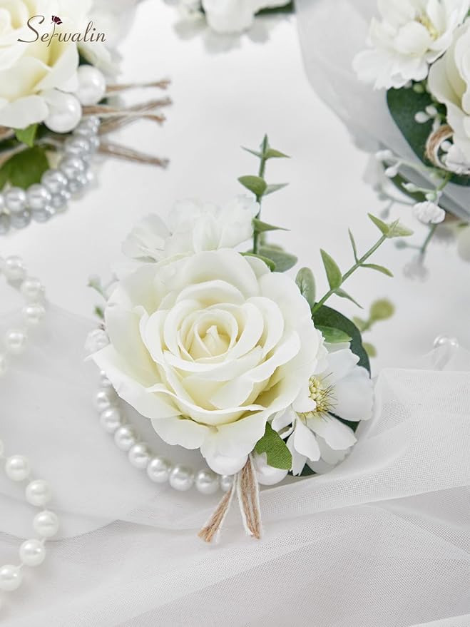 Serwalin 6 PCS Ivory Rose Wrist Corsages for Wedding, Corsages for Prom Homecoming Party Corsage Hand Decor for Bride Bridesmaids, Mother of Bride and Groom
