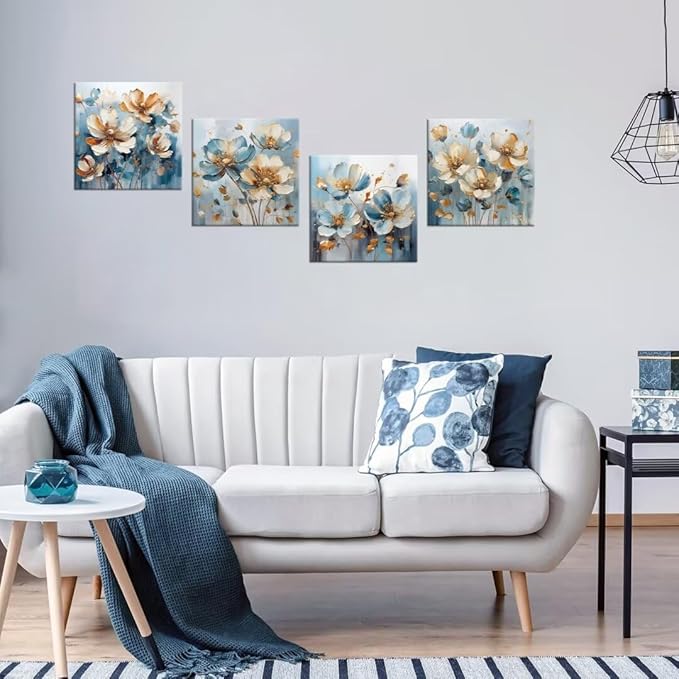 Pankila White Flower Wall Art Floral Pictures Blue and White Canvas Flowers Wall Decor Life Poster for Living Room Bedroom Bathroom Home Decorations Framed Artwork Ready to Hang (12''W x 12''H x 4)