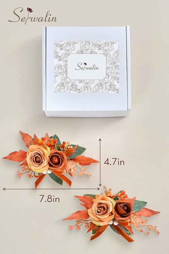 Serwalin Set of 2 Boutonniere for Men, 6-7 Inch Corsage Groom and Best Man Boutonnieres for Wedding Prom Ceremony Anniversary Party Cake Topper (Orange)