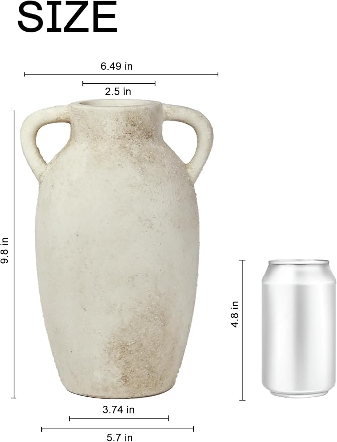 Ceramic Flower Vase Home Decor – 9.8 Inch Pottery Rustic Farmhouse Decorative Vase with Handles for Table Centerpiece, Shelf & Mantel, Beige