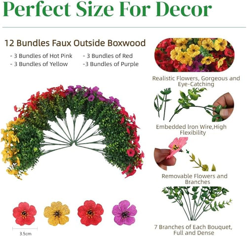 12 Bundles Artificial Flowers for Outdoor, UV Resistant Faux Mums with Eucalyptus Leaves Fake Plants for Outdoor Planters Greenery Boxwood Porch Patio Decoration