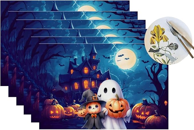 PVC Placemats Set of 6 Wipeable Table Mats Washable Heat Resistant Non Slip Vinyl Dining Table Mat for Kitchen Indoor Outdoor Patio Farmhouse Place Mats Halloween Castle Pumpkin Ghosts Decorative