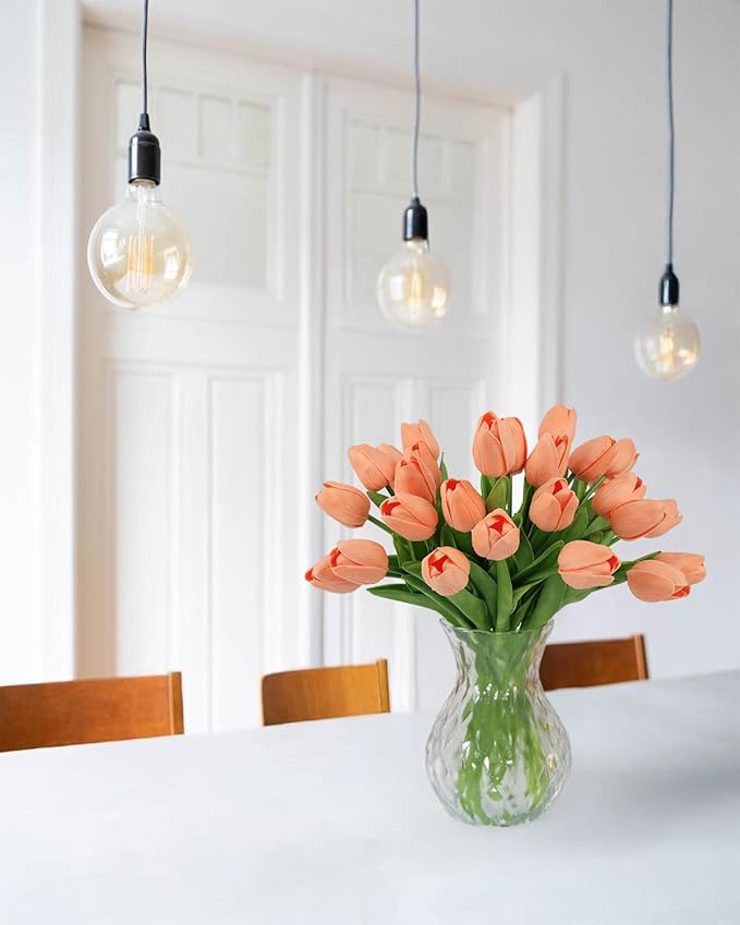 MACTING 30PCS Artificial Tulip Flowers Real Touch Fake Tulips Spring Faux Flowers for DIY Bouquet Floral Arrangements Table Centerpieces Kitchen Dining Room Home Mothers Day Decor(Light Orange)