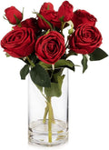 ENOVA FLORAL 9 Heads Silk Rose Artificial Flowers in Vase,Faux Rose Flowers Arrangement in Vase with Faux Water for Table Decor Centerpieces (Red)