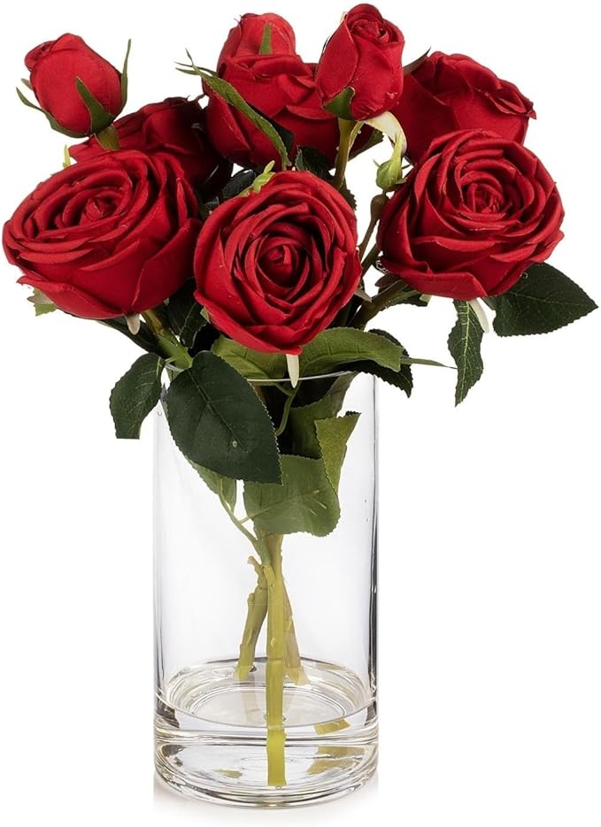 ENOVA FLORAL 9 Heads Silk Rose Artificial Flowers in Vase,Faux Rose Flowers Arrangement in Vase with Faux Water for Table Decor Centerpieces (Red)