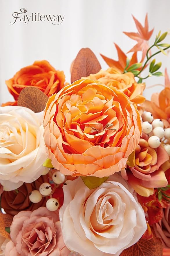 Artificial Flowers Fall, Orange Faux Flowers with Stems Silk Mix Peony Combo Box Set for DIY Bridal Wedding Bouquets Table Centerpieces Baby Shower Party Home Decorations