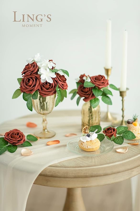 Ling's moment Fall Artificial Flowers 25Pcs Amber Roses Decor w/Stems,3" Real Touch DIY Foam Floral for Wedding Bouquet/Centerpieces, Outdoors Party Backdrop, Room/Table, and Garden/Pot Decorations