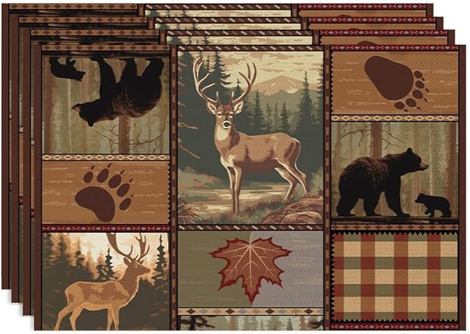 Retro Rustic Lodge Bears Placemats Set of 4, Vintage Cabin Farmhouse Country Style Place Mats, Heat Resistant Non Slip Cotton Linen Dining Table Mats for Home Kitchen 18x12 Inch