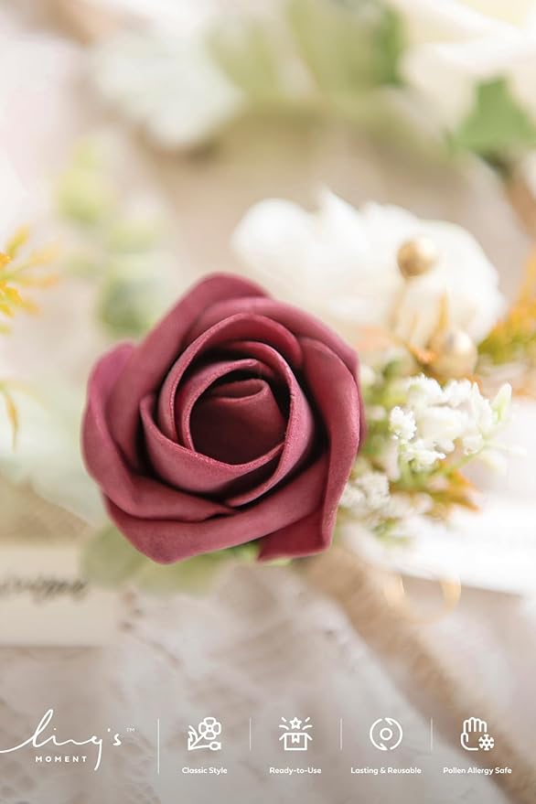 Ling's moment Boutonniere for Men, 6pcs Groom Groomsmen Boutonniere, Artificial Flowers for Wedding Decor/Prom/Homecoming, etc.Burgundy White