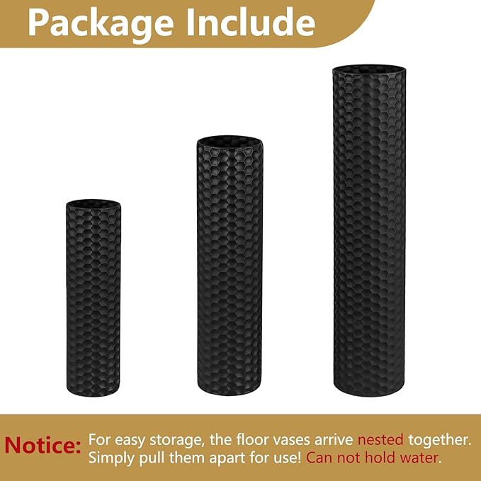 Black Tall Floor Vase - Set of 3 Extra Large Metal Decorative Vases for Living Room, 27.6" Long Modern Honeycomb Texture Big Cylinder Standing Corner Decor for Home Dining Bedroom Pampas Grass