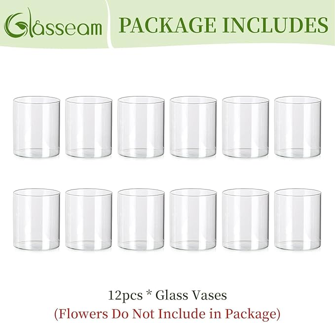Glasseam Glass Cylinder Vases for Centerpieces, Small Clear Flower Vase Set of 12, Modern Floating Candle Vases Decor, Decorative Hurricane Candle Holders for Wedding Dining Table Decorations, 4in