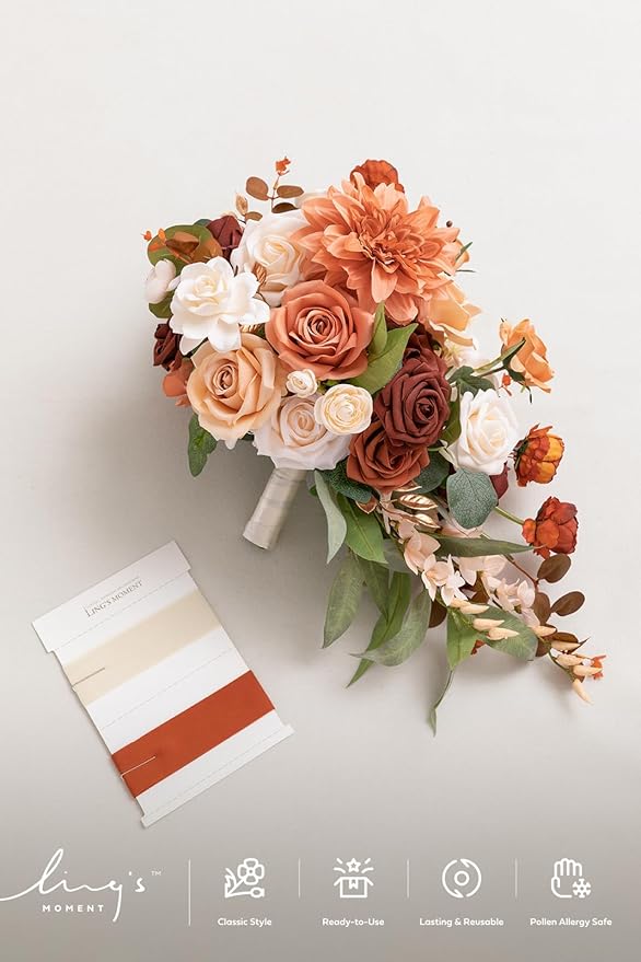Ling's moment Terracotta Bridal Bouquet Cascading, Burnt Orange Wedding Bouquets for Bride, 13 Inch Bride Bouquets for Wedding Artificial Flowers Bouquets