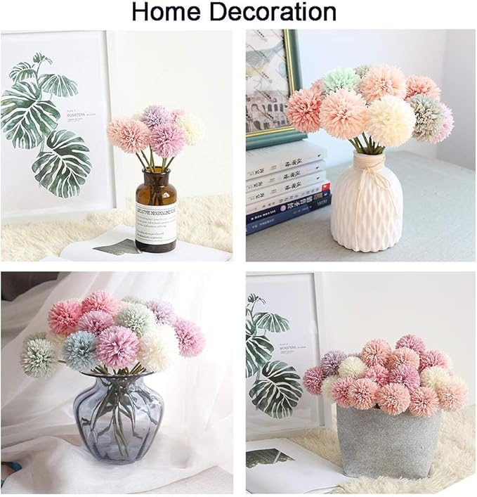 10Pcs Artificial Fake Flower Plants Silk Chrysanthemum Ball Hydrangea Arrangements Wedding Bouquets Decor Home Kitchen Garden Party Table Floral Centerpieces DIY (Grey Blue)