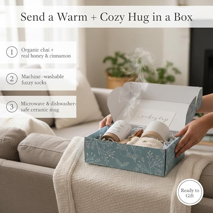 UnboxMe Tea Gift Basket Care Package for Women - Self Care Box with Cozy Socks, Mug, Chai Tea, Honey & Cinnamon, Get Well Soon, Thinking of You
