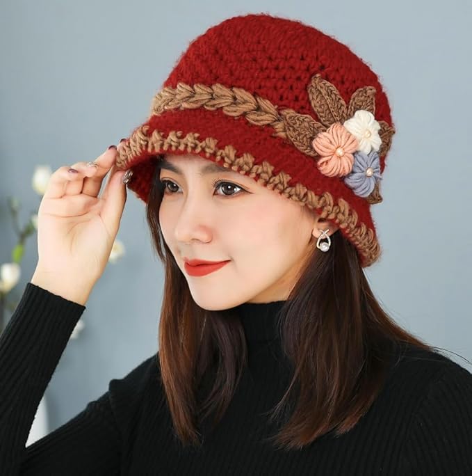 Flower Knit Crochet Fuzzy Bucket Hat Women Winter Warm Beanies Hat Furry Plush Faux Fur Fishing Skull Cap Fishman Hats