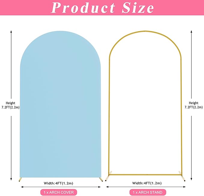 Putros 7.2ft Metal Arch Stand with Cover Dusty Blue Spandex Fitted Wedding Arch Cover and Round Top Chiara Backdrop Stand Set for Birthday Party Baby Shower Decoration