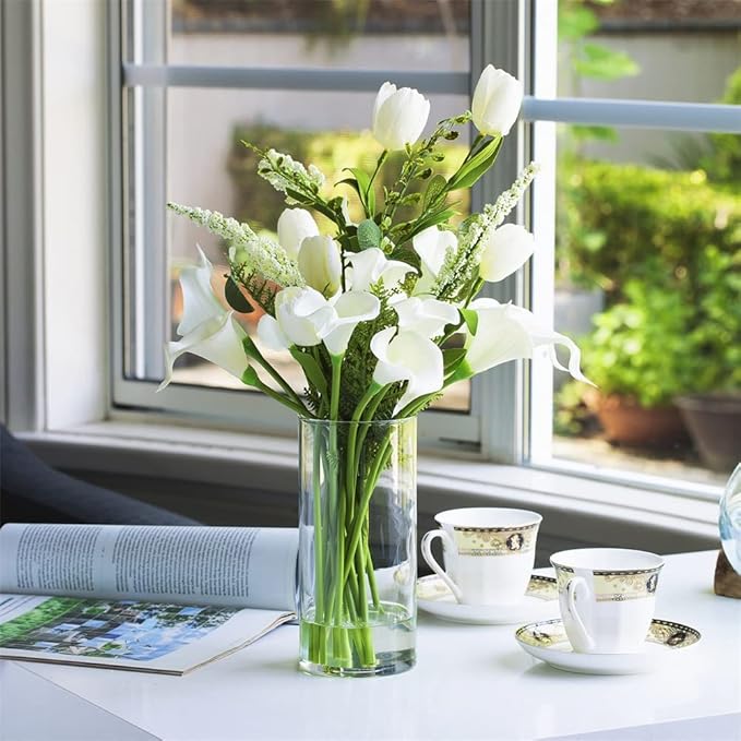 Enova Floral Clear Glass Flower Vase, 4W x 10H Inches Round Flower Vase, Pillar Candle Floating Candle Holders, Tall Cylinder Glass Vase for Flowers, Glass Vase for Home Decor, Wedding (Pack 4)
