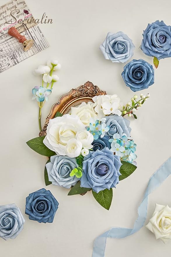 Serwalin Artificial Flowers Blue Fake Silk Foam Wedding Flowers for Bridal Bouquet White Roses with Stems for Home Party Decoration Faux Flower Table Centerpieces Arrangements for Baby Shower