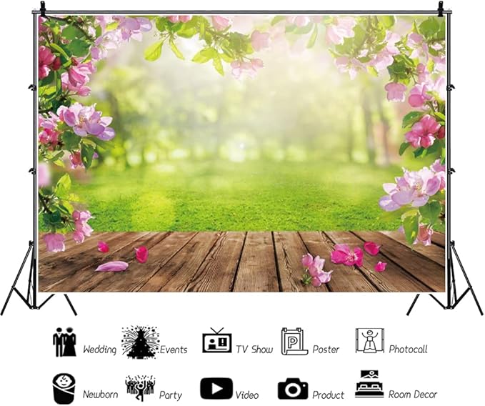 Renaiss 10x6.5ft Spring Nature Scenery Pink Flower Blossom Green Leaves Wood Floor Park Floral Meadow Photography Background for Wedding Baby Shower Birthday Party Decor Photo Studio Props