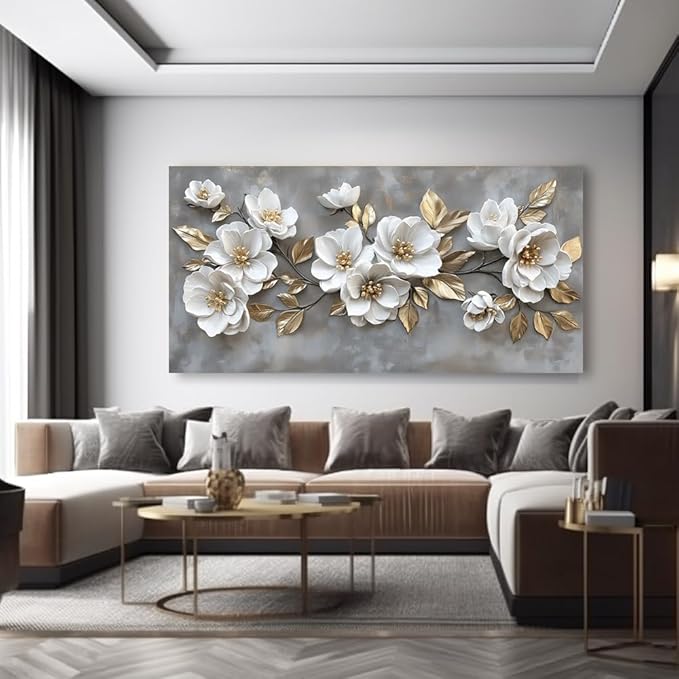 LAVIKARS Modern Gray Flowers Wall Art for Living Room Office White and Golden Floral Landscape Canvas Painting Prints Large Delicate Petals Artwork Kitchen Home Bedroom Decor (23x46 Inches)